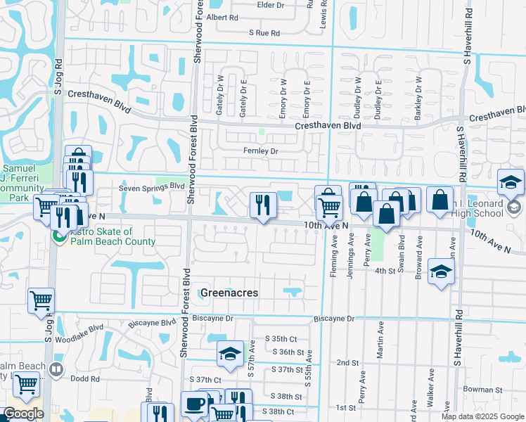 map of restaurants, bars, coffee shops, grocery stores, and more near 3201 Poolside Drive in Greenacres