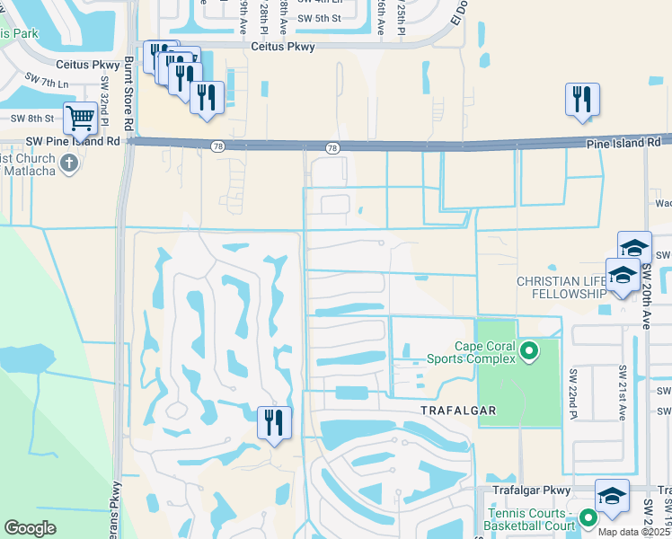map of restaurants, bars, coffee shops, grocery stores, and more near 2640 Malaita Court in Cape Coral