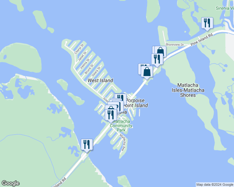map of restaurants, bars, coffee shops, grocery stores, and more near 2487 Bayshore Drive in Matlacha
