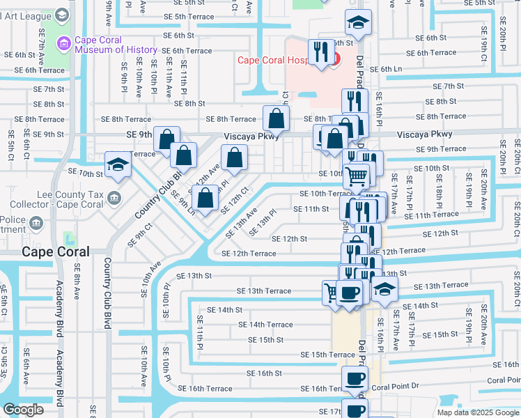 map of restaurants, bars, coffee shops, grocery stores, and more near 1017 Southeast 13th Avenue in Cape Coral