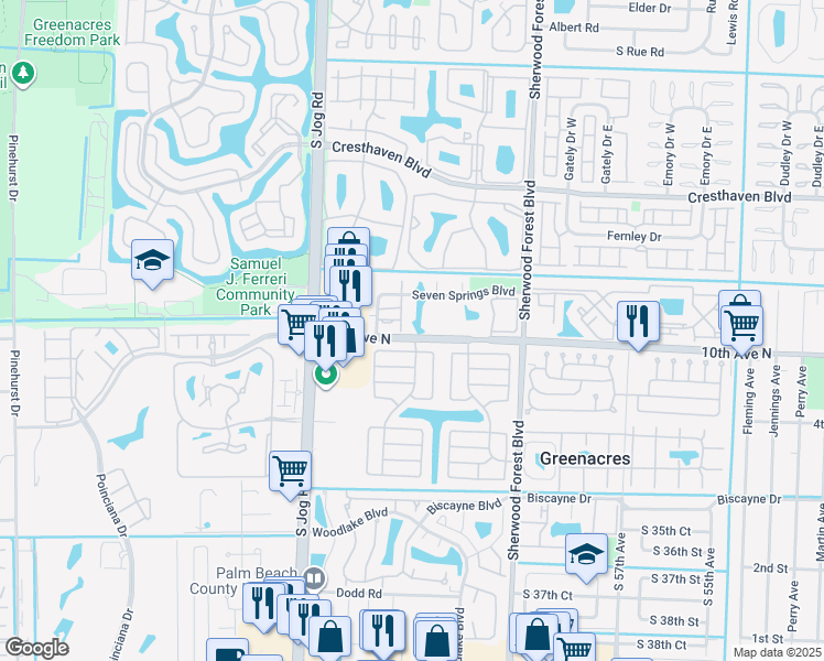 map of restaurants, bars, coffee shops, grocery stores, and more near 6254 Seven Springs Boulevard in Greenacres