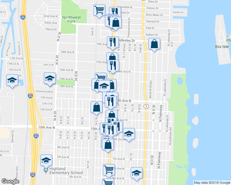 map of restaurants, bars, coffee shops, grocery stores, and more near 1402 North Dixie Highway in Lake Worth