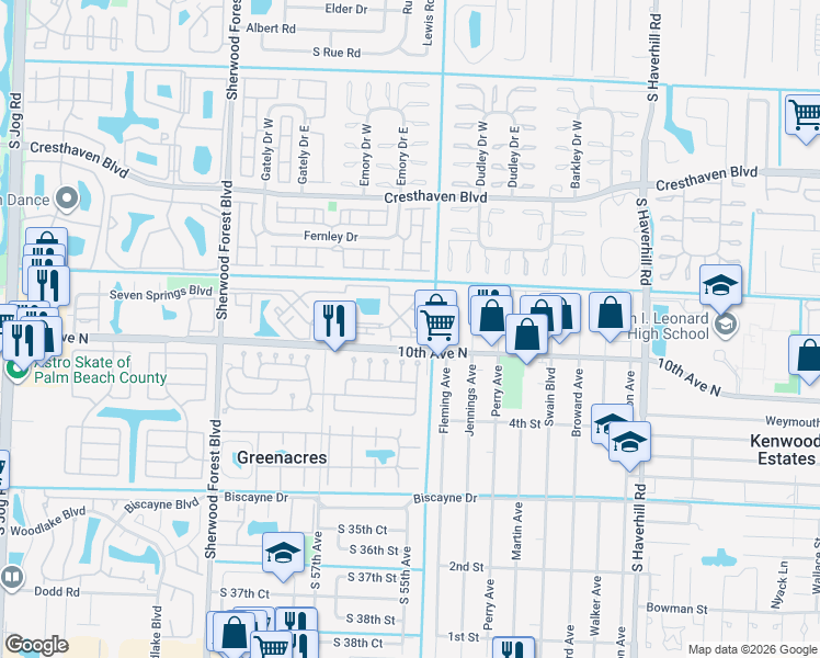map of restaurants, bars, coffee shops, grocery stores, and more near 1405 Wharf Lane in Greenacres