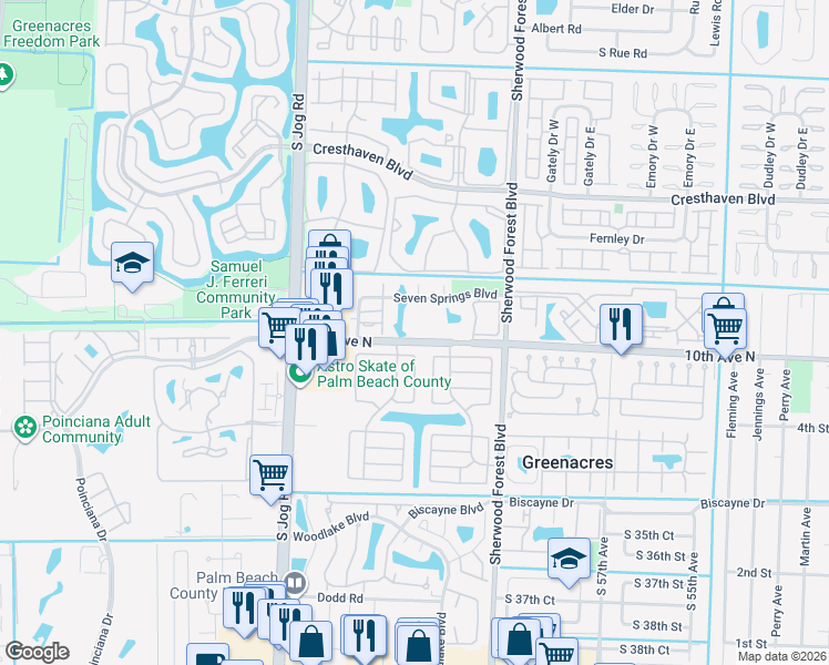 map of restaurants, bars, coffee shops, grocery stores, and more near 6254 Seven Springs Boulevard in Greenacres