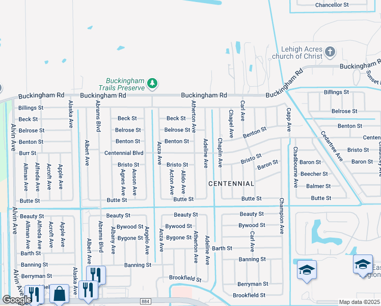 map of restaurants, bars, coffee shops, grocery stores, and more near 1100 Atherton Avenue in Lehigh Acres