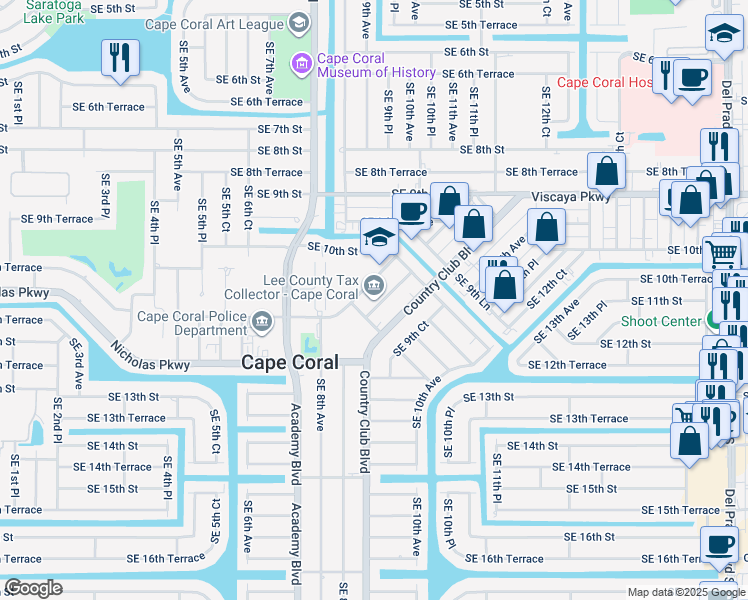 map of restaurants, bars, coffee shops, grocery stores, and more near 1039 Southeast 9th Avenue in Cape Coral