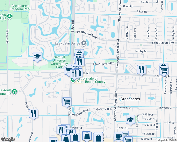 map of restaurants, bars, coffee shops, grocery stores, and more near 6352 Seven Springs Boulevard in Greenacres