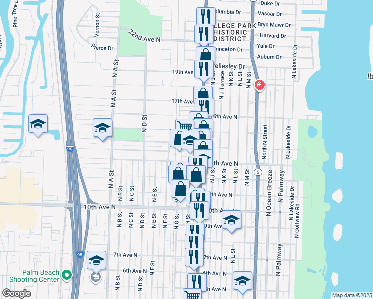 map of restaurants, bars, coffee shops, grocery stores, and more near 1337 North Dixie Highway in Lake Worth