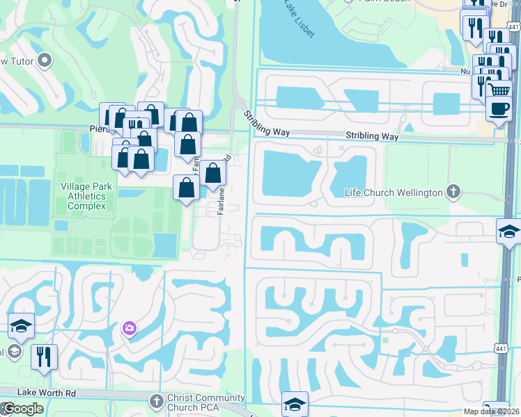 map of restaurants, bars, coffee shops, grocery stores, and more near 10764 Ivanhoe Lane in Wellington