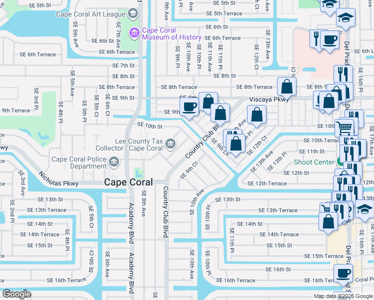 map of restaurants, bars, coffee shops, grocery stores, and more near 1001 Country Club Boulevard in Cape Coral