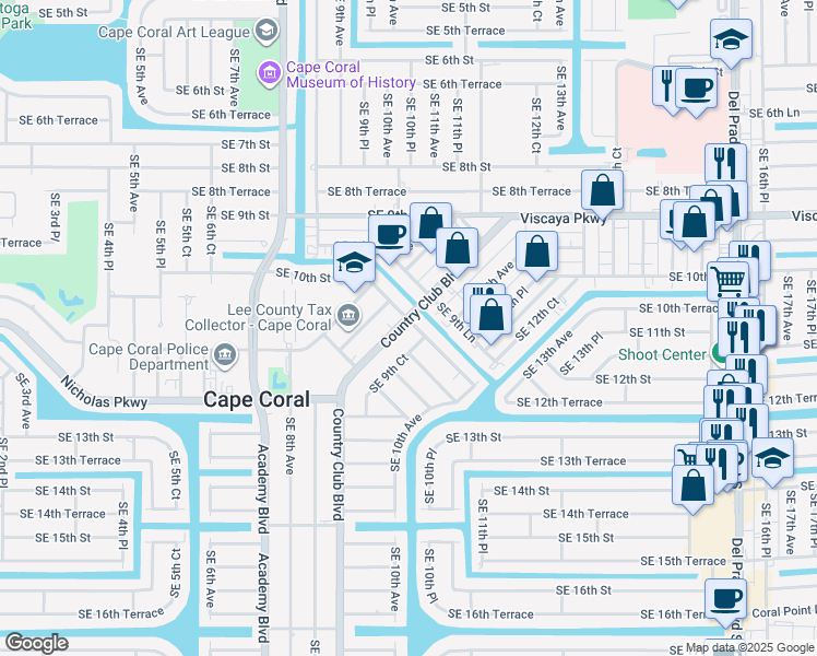 map of restaurants, bars, coffee shops, grocery stores, and more near 1001 Country Club Boulevard in Cape Coral