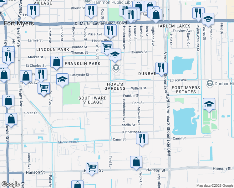 map of restaurants, bars, coffee shops, grocery stores, and more near 3213 Willin Street in Fort Myers