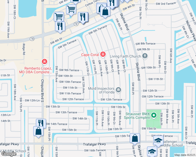 map of restaurants, bars, coffee shops, grocery stores, and more near 1009 Southwest 11th Place in Cape Coral