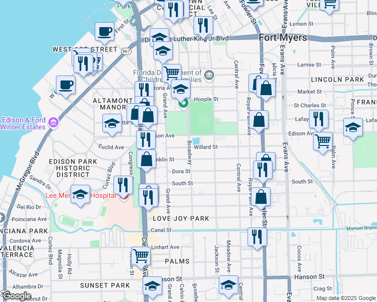 map of restaurants, bars, coffee shops, grocery stores, and more near 2176 Willard Street in Fort Myers