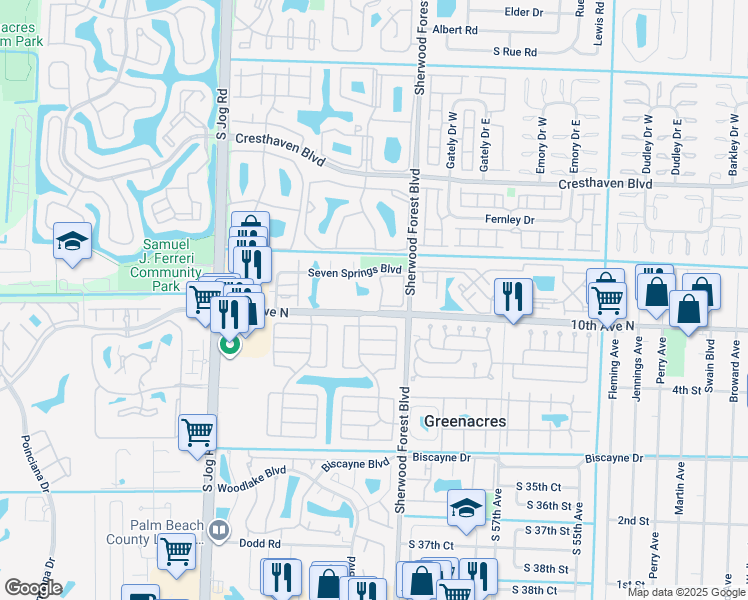 map of restaurants, bars, coffee shops, grocery stores, and more near 6013 10th Avenue North in Greenacres