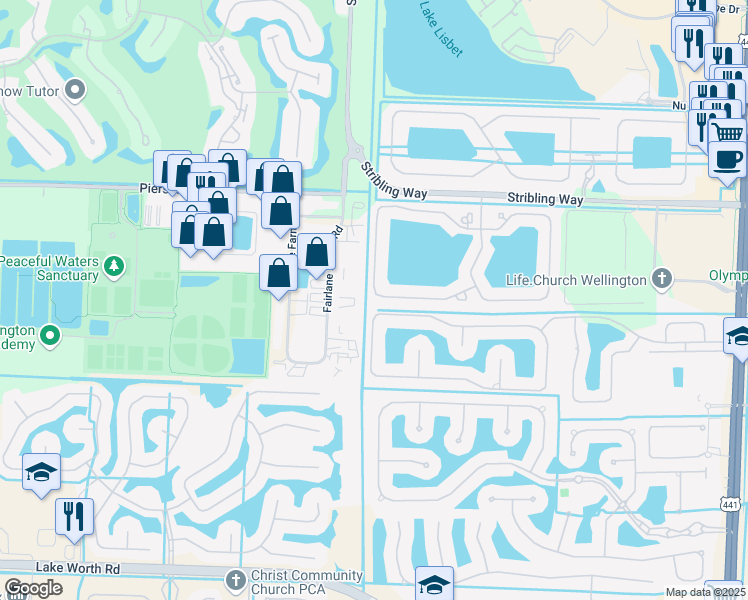 map of restaurants, bars, coffee shops, grocery stores, and more near 10764 Ivanhoe Lane in Wellington