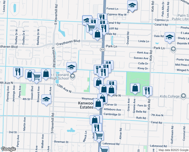 map of restaurants, bars, coffee shops, grocery stores, and more near Evergreen Lane in Lake Worth