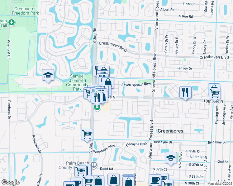 map of restaurants, bars, coffee shops, grocery stores, and more near 6352 Seven Springs Boulevard in Greenacres