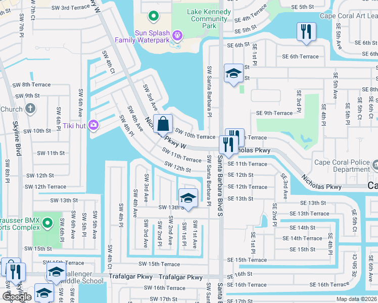 map of restaurants, bars, coffee shops, grocery stores, and more near 116 Nicholas Parkway West in Cape Coral