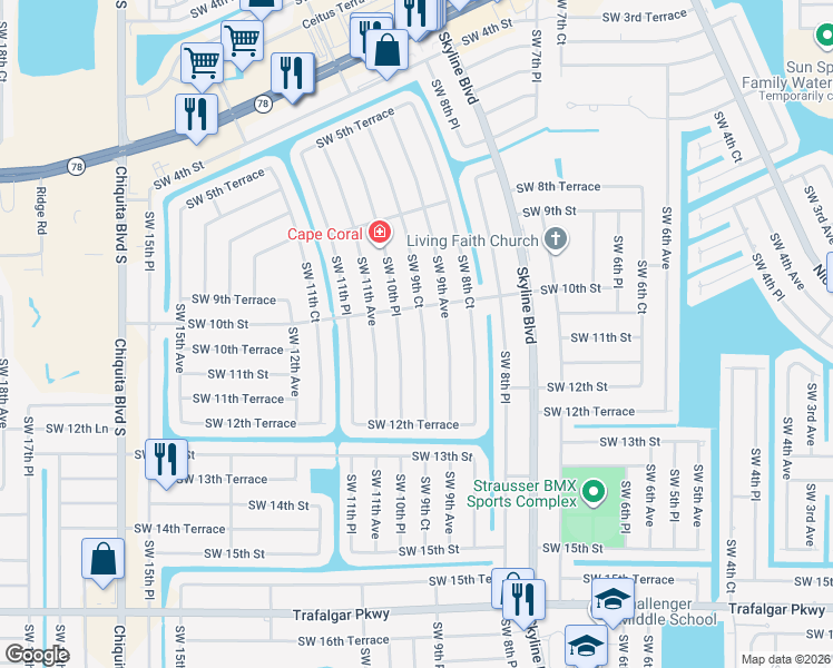 map of restaurants, bars, coffee shops, grocery stores, and more near 1014 Southwest 9th Court in Cape Coral