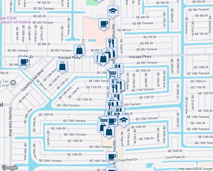 map of restaurants, bars, coffee shops, grocery stores, and more near 1451 Southeast 11th Street in Cape Coral
