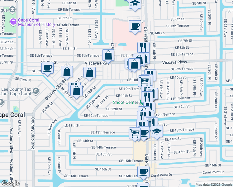 map of restaurants, bars, coffee shops, grocery stores, and more near 1403 Southeast 11th Street in Cape Coral