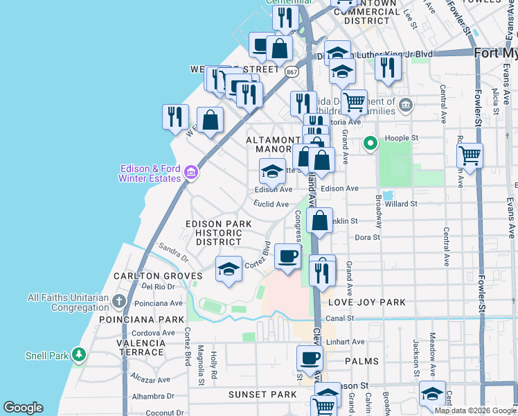 map of restaurants, bars, coffee shops, grocery stores, and more near 2430 Euclid Avenue in Fort Myers
