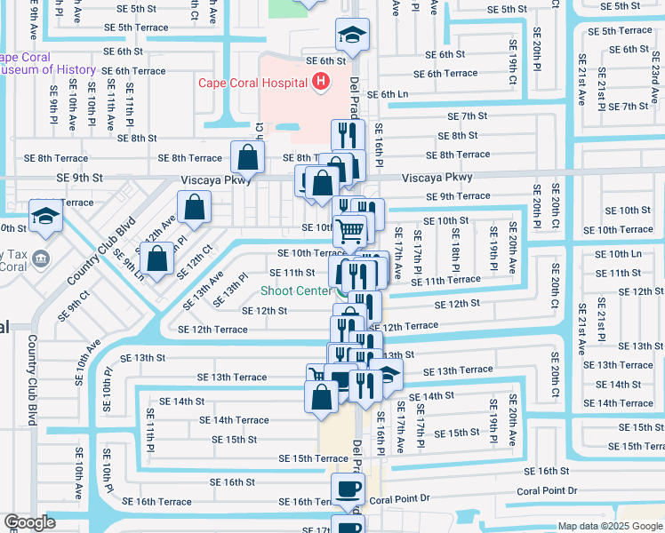 map of restaurants, bars, coffee shops, grocery stores, and more near 1451 Southeast 11th Street in Cape Coral