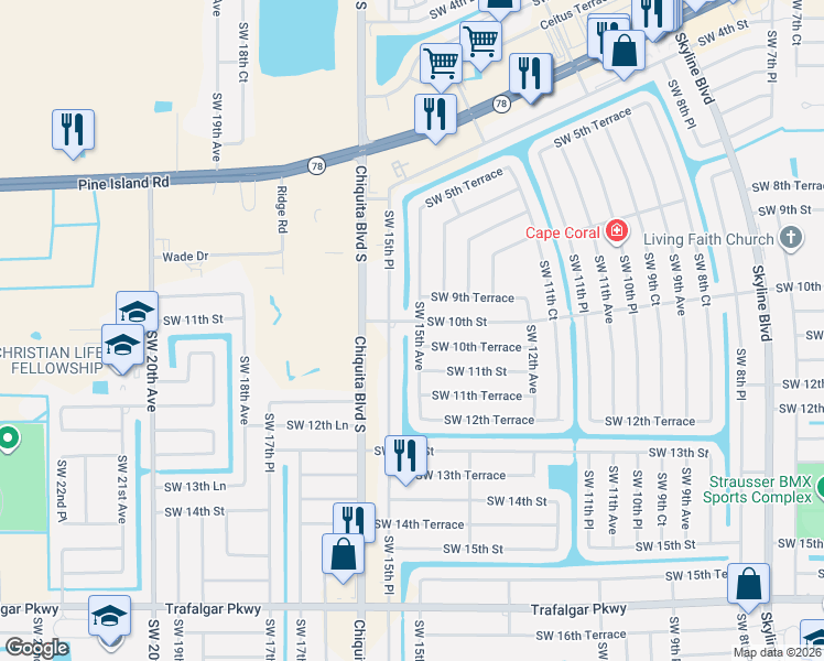 map of restaurants, bars, coffee shops, grocery stores, and more near 1506 Southwest 10th Street in Cape Coral
