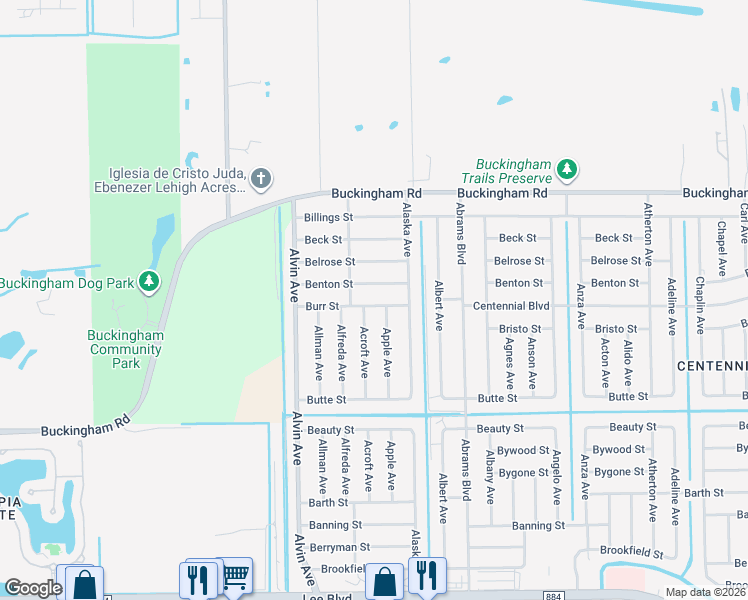 map of restaurants, bars, coffee shops, grocery stores, and more near 5546 Burr Street in Lehigh Acres
