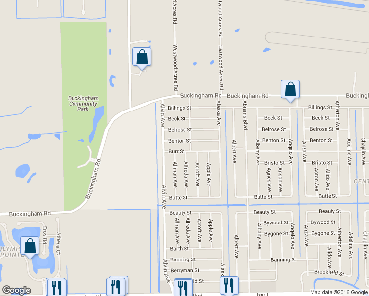 map of restaurants, bars, coffee shops, grocery stores, and more near 5558 Burr Street in Lehigh Acres