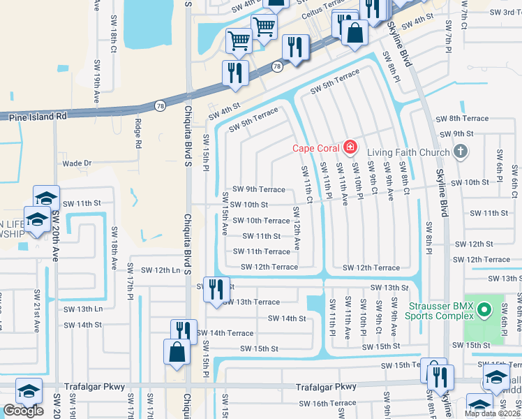 map of restaurants, bars, coffee shops, grocery stores, and more near 1310 Southwest 10th Street in Cape Coral