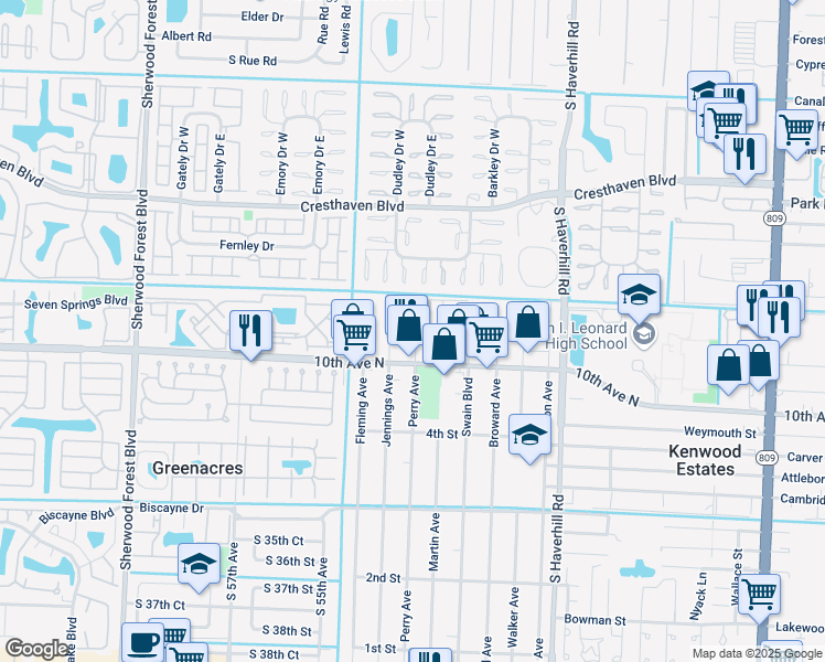 map of restaurants, bars, coffee shops, grocery stores, and more near 3085 Perry Avenue in Greenacres