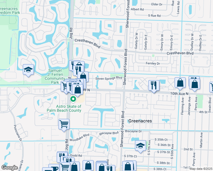 map of restaurants, bars, coffee shops, grocery stores, and more near 6181 Seven Springs Boulevard in Greenacres