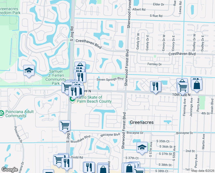 map of restaurants, bars, coffee shops, grocery stores, and more near 6181 Seven Springs Boulevard in Greenacres