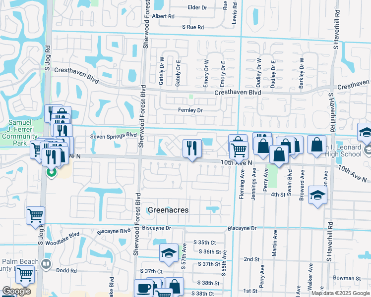 map of restaurants, bars, coffee shops, grocery stores, and more near 3904 Inlet Circle in Greenacres