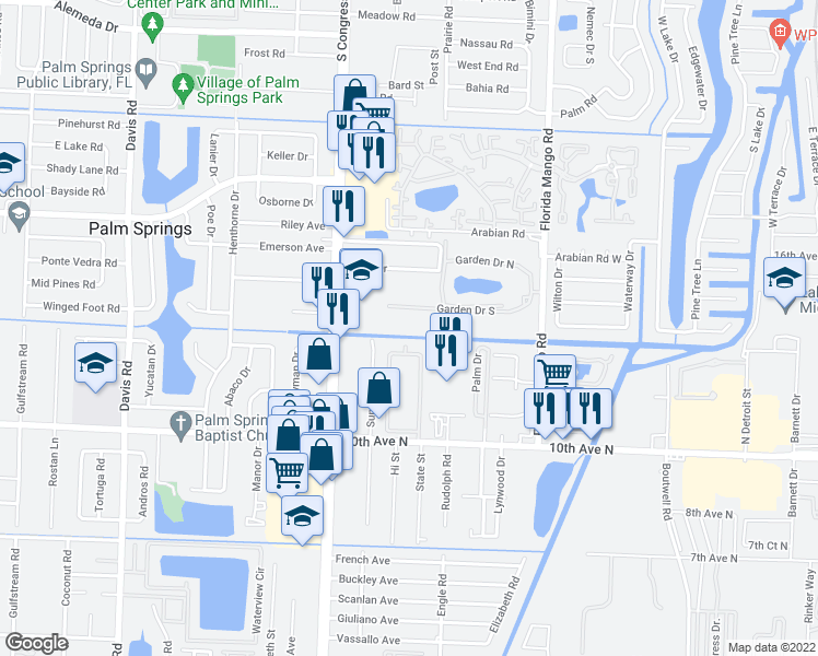 map of restaurants, bars, coffee shops, grocery stores, and more near 2812 Garden Drive South in Lake Worth