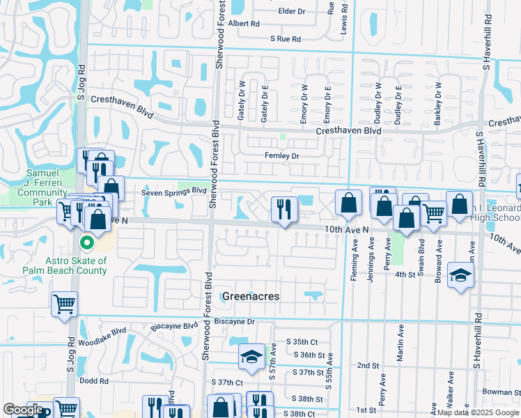 map of restaurants, bars, coffee shops, grocery stores, and more near 3904 Inlet Circle in Greenacres