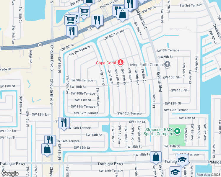 map of restaurants, bars, coffee shops, grocery stores, and more near 1006 Southwest 11th Place in Cape Coral
