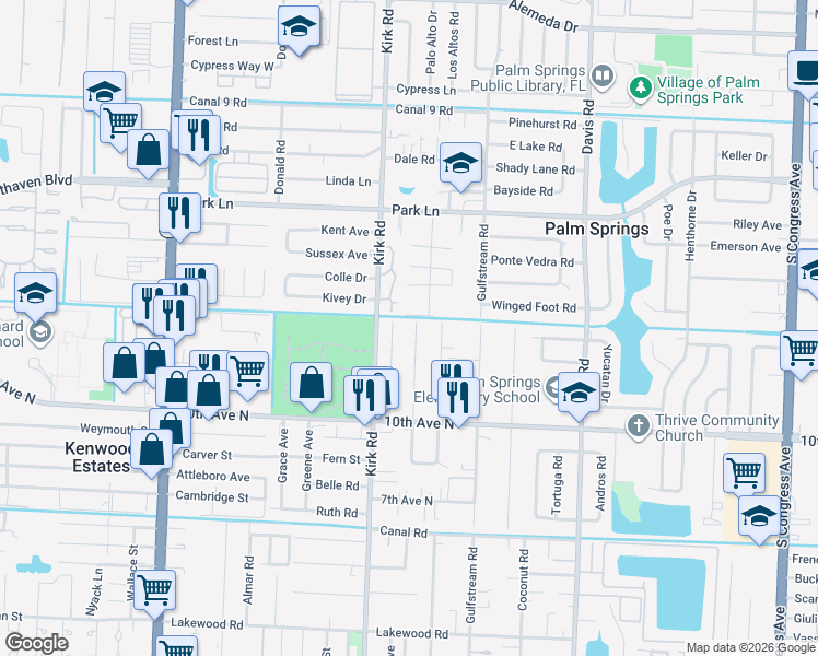 map of restaurants, bars, coffee shops, grocery stores, and more near 3020 Evans Drive in Lake Worth