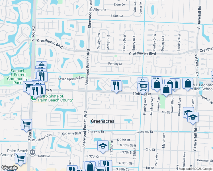 map of restaurants, bars, coffee shops, grocery stores, and more near 3904 Inlet Circle in Greenacres