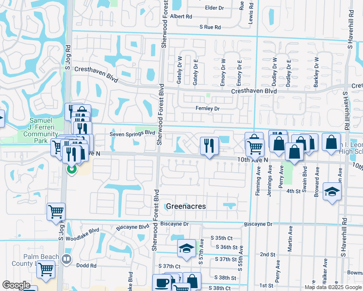 map of restaurants, bars, coffee shops, grocery stores, and more near 4101 Inlet Circle in Greenacres