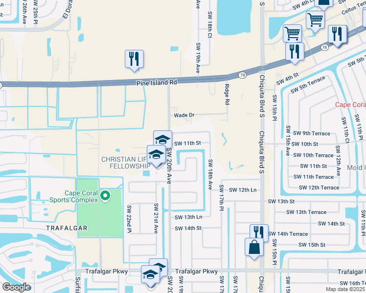 map of restaurants, bars, coffee shops, grocery stores, and more near 1902 Southwest 11th Street in Cape Coral