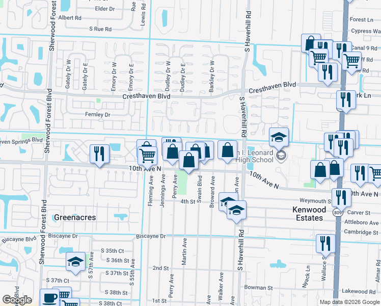 map of restaurants, bars, coffee shops, grocery stores, and more near 3070 Martin Avenue in Greenacres