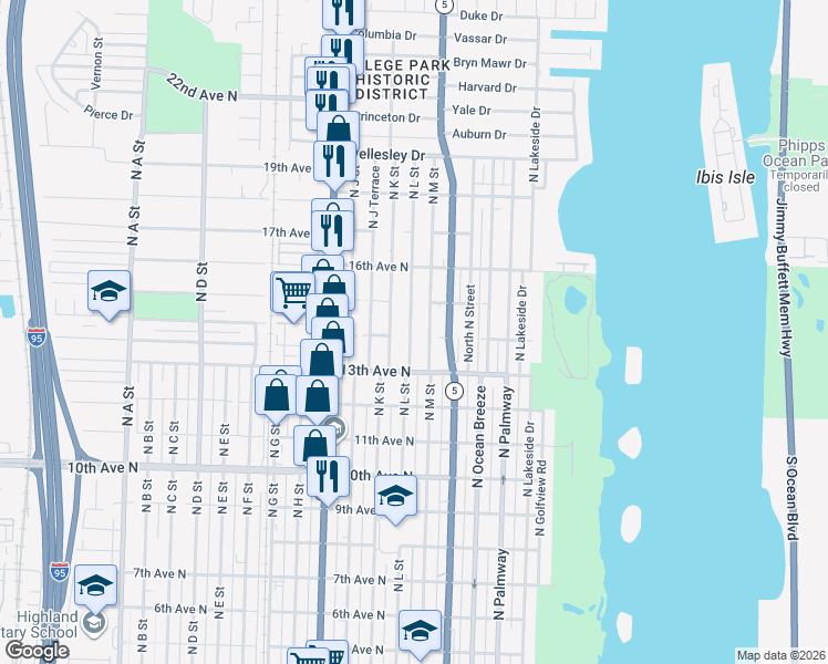map of restaurants, bars, coffee shops, grocery stores, and more near 1402 North L Street in Lake Worth