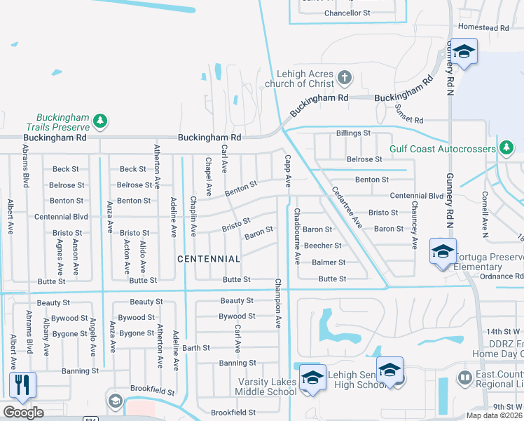 map of restaurants, bars, coffee shops, grocery stores, and more near 5220 Bristo Street in Lehigh Acres