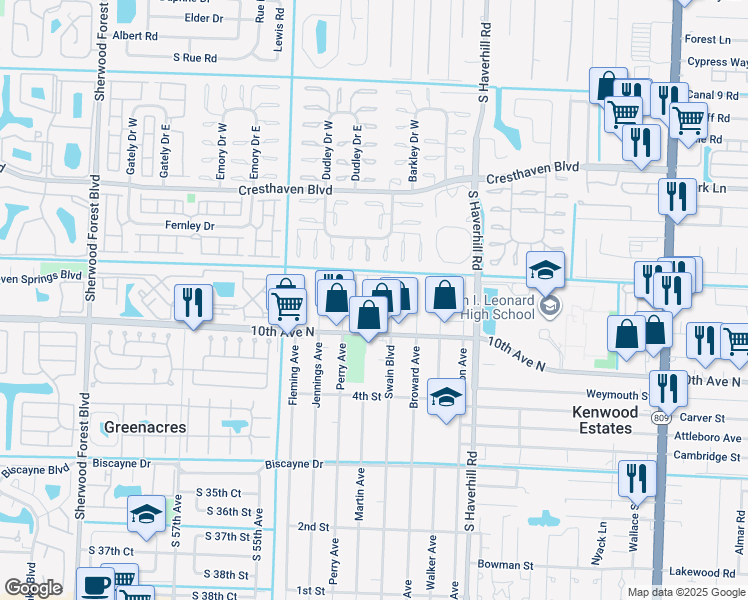 map of restaurants, bars, coffee shops, grocery stores, and more near 3070 Martin Avenue in Greenacres