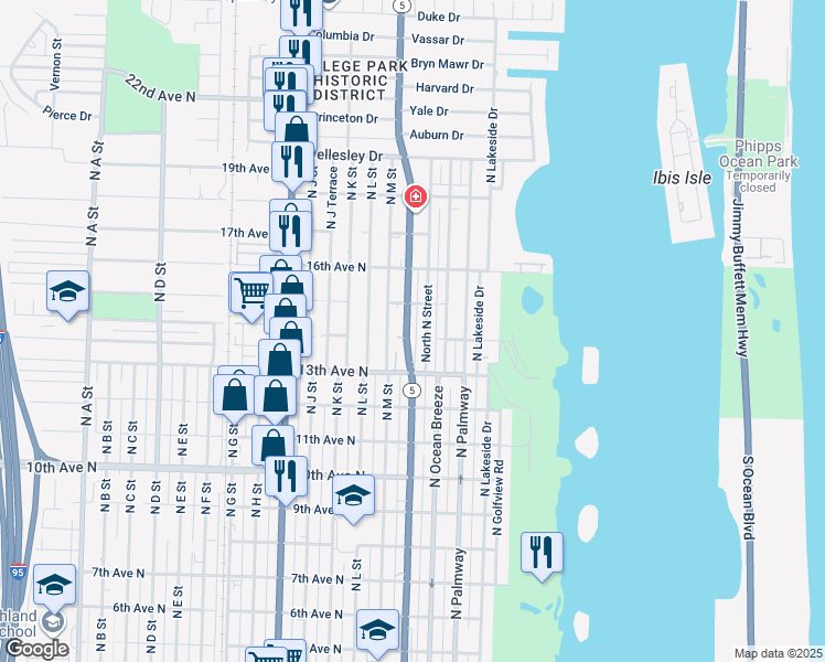 map of restaurants, bars, coffee shops, grocery stores, and more near 1404 North Federal Highway in Lake Worth