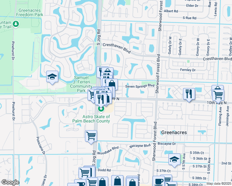 map of restaurants, bars, coffee shops, grocery stores, and more near 6352 Seven Springs Boulevard in Greenacres