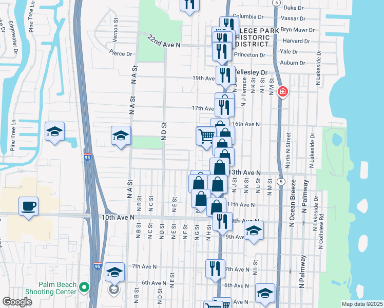 map of restaurants, bars, coffee shops, grocery stores, and more near 1328 North F Street in Lake Worth